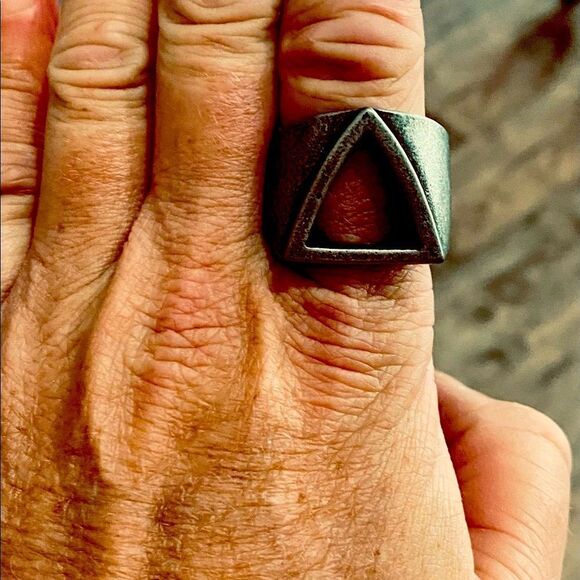Stainless Steel, Cut Out Triangle Moto Design Silver Black Matte Statement Ring - Picture 2 of 4